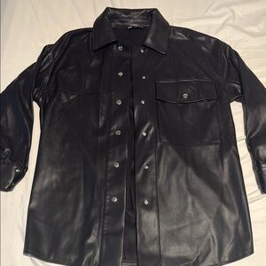 Black Faux Leather Button-Front Jacket Shirt